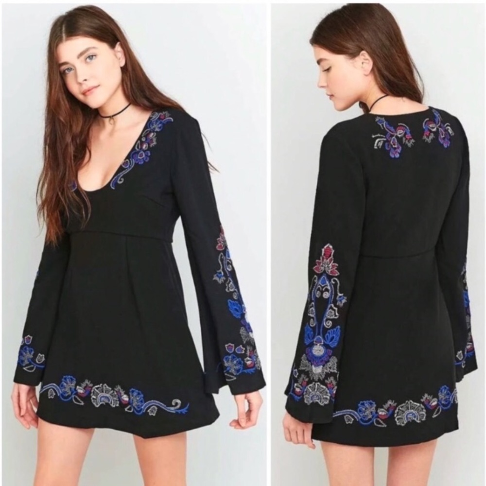 Free People Black Mini Dress with Blue & Purple Embroidery
